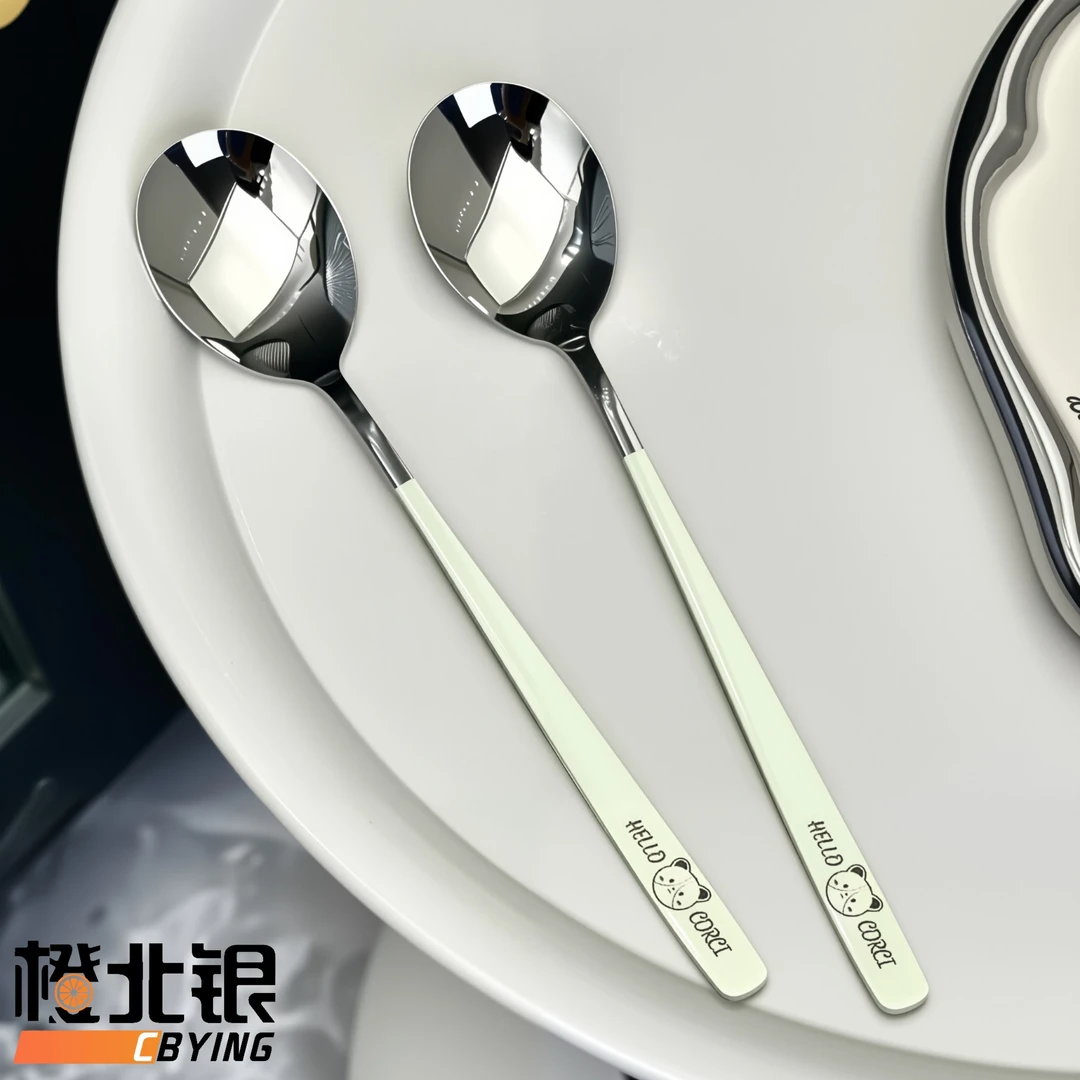 橙北银韩式304不锈钢奶油白勺子创意长柄圆头勺甜品勺卡通调羹勺