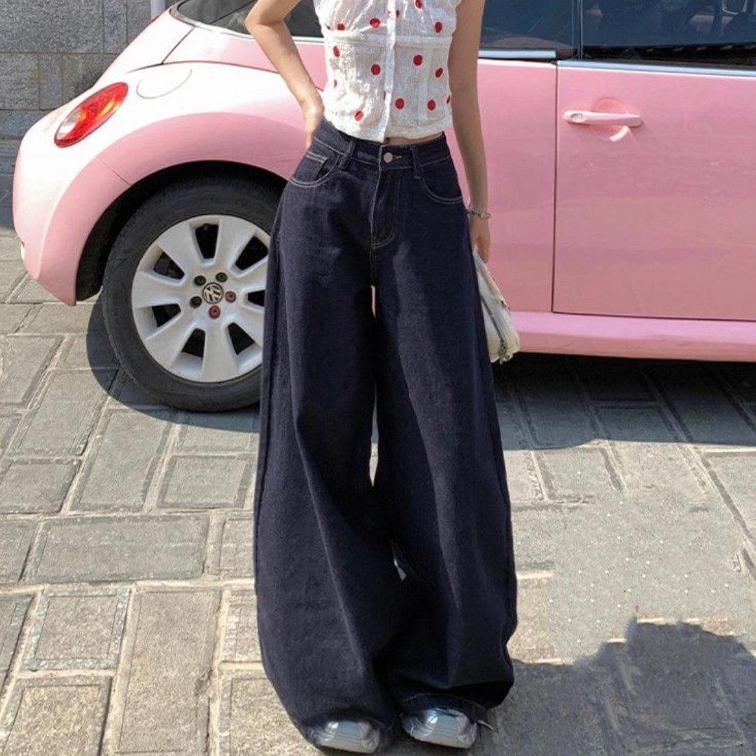 显瘦小个子百搭复古韩版设计感ins小众春夏高腰直筒阔腿牛仔裤女