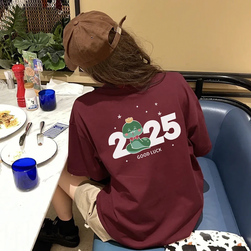 纯棉220克韩版春夏季新款显白酒红短袖t恤女蛇年设计感印花上衣潮