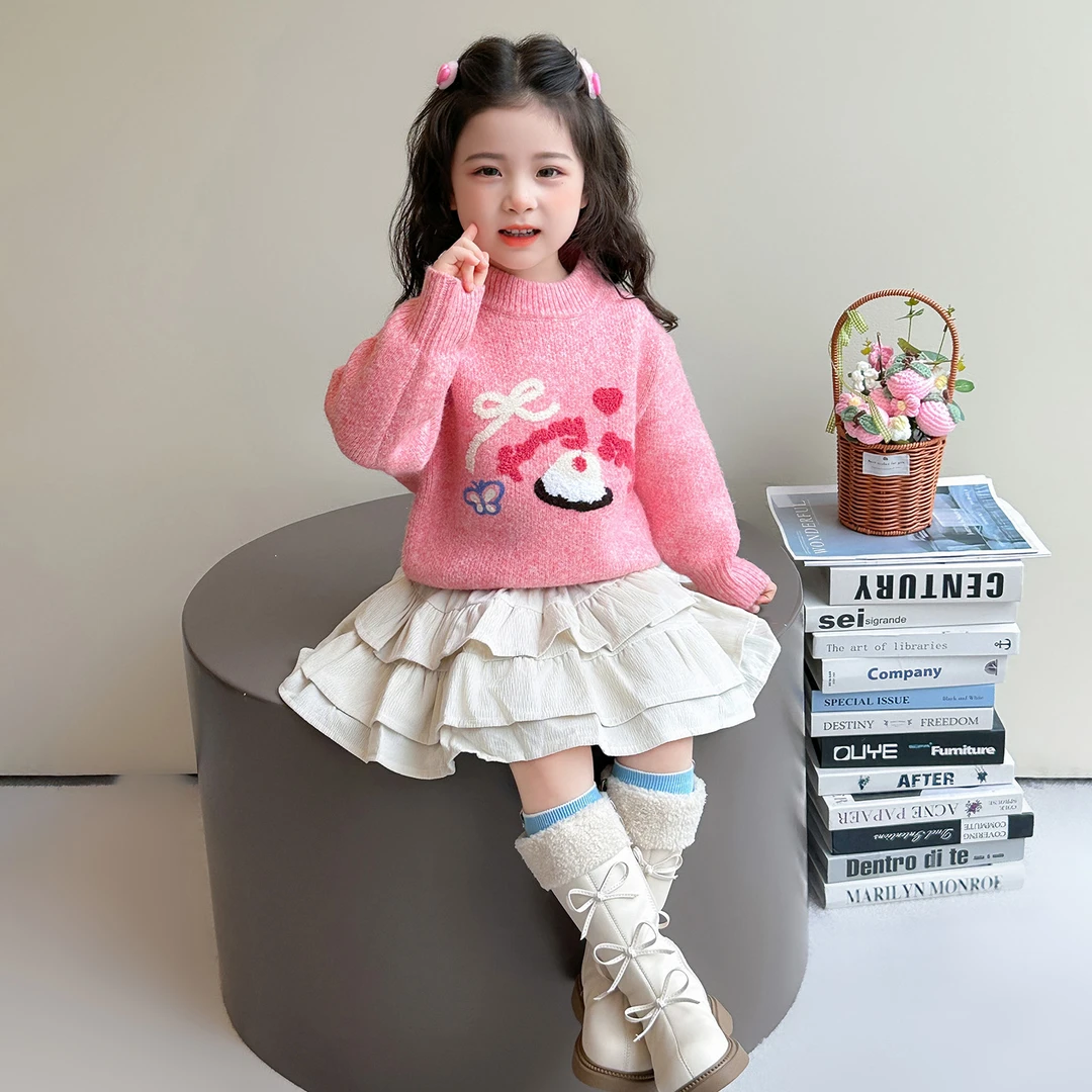 女童甜美毛巾绣针织毛衣2025新款儿童冬季女宝宝洋气加厚毛线衣潮