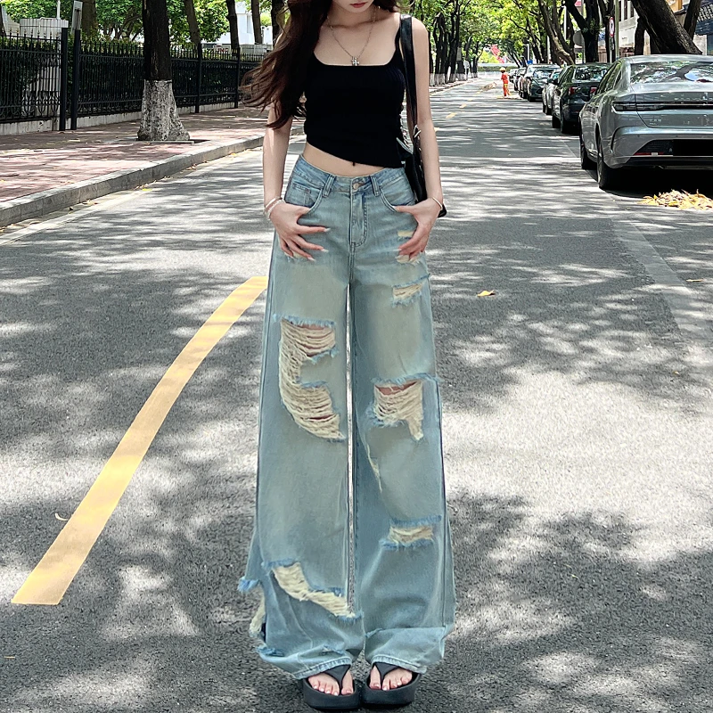 高街前后破洞牛仔裤女2025夏季薄款高腰显瘦窄版小个子阔腿直筒裤