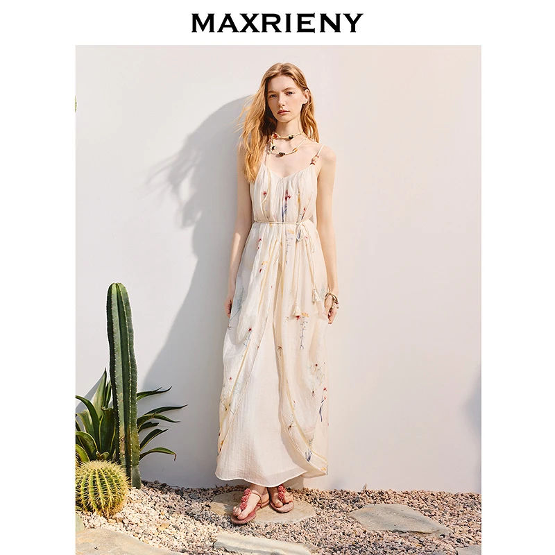 【古力娜扎同款】MAXRIENY浪漫度假风吊带连衣裙茧型设计感高级气质