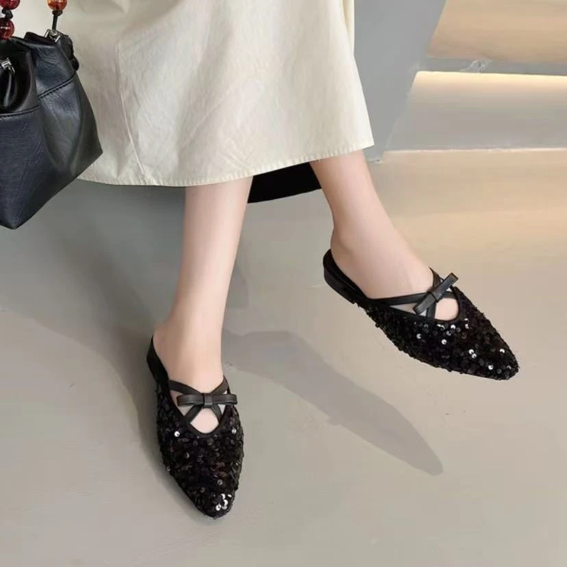 C6263 黑色  夏季时尚低跟2025新款真皮包头时装拖鞋