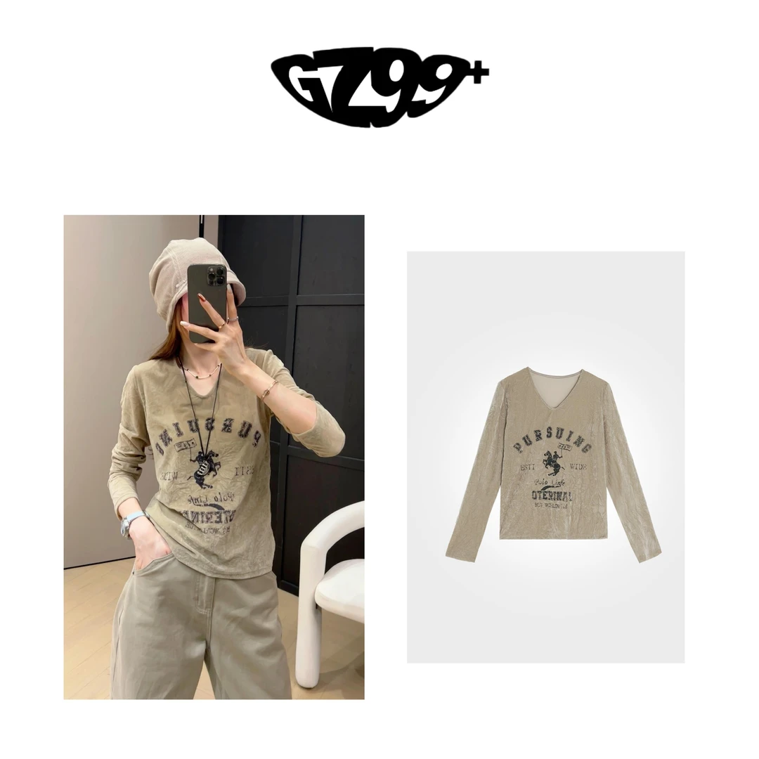 九儿【假日遐思】 简约  无感印花 秋季百搭压皱丝绒长袖上衣-T6882