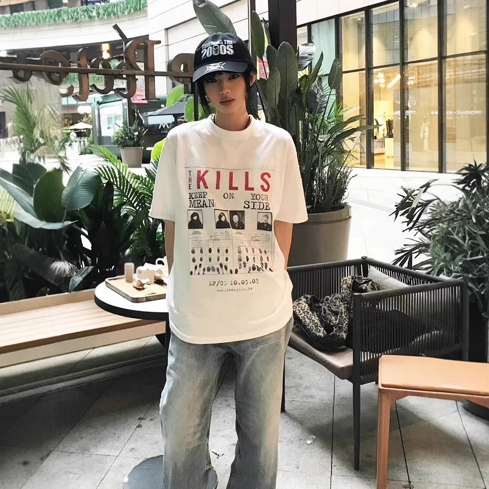 2025年夏季新款宽松短袖中长款白色印花T恤男女同款潮流上衣