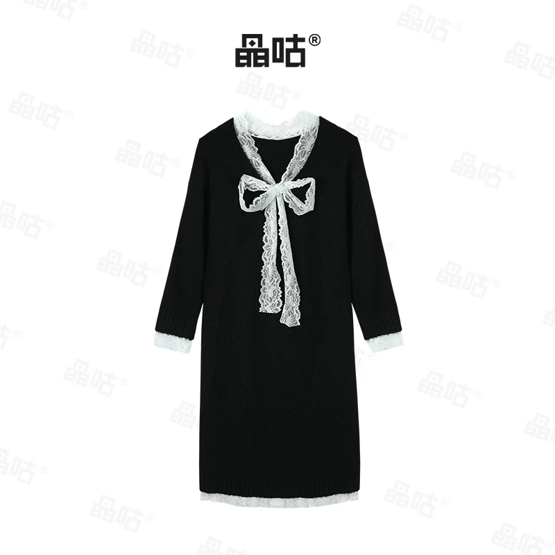 晶咕【韩系欧尼】蕾丝花边拼色纯色针织套头连衣裙