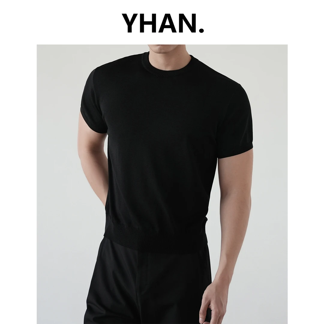 【YHAN】针织圆领黑色T恤修身基础短袖男休闲夏季正肩半袖纯色百搭