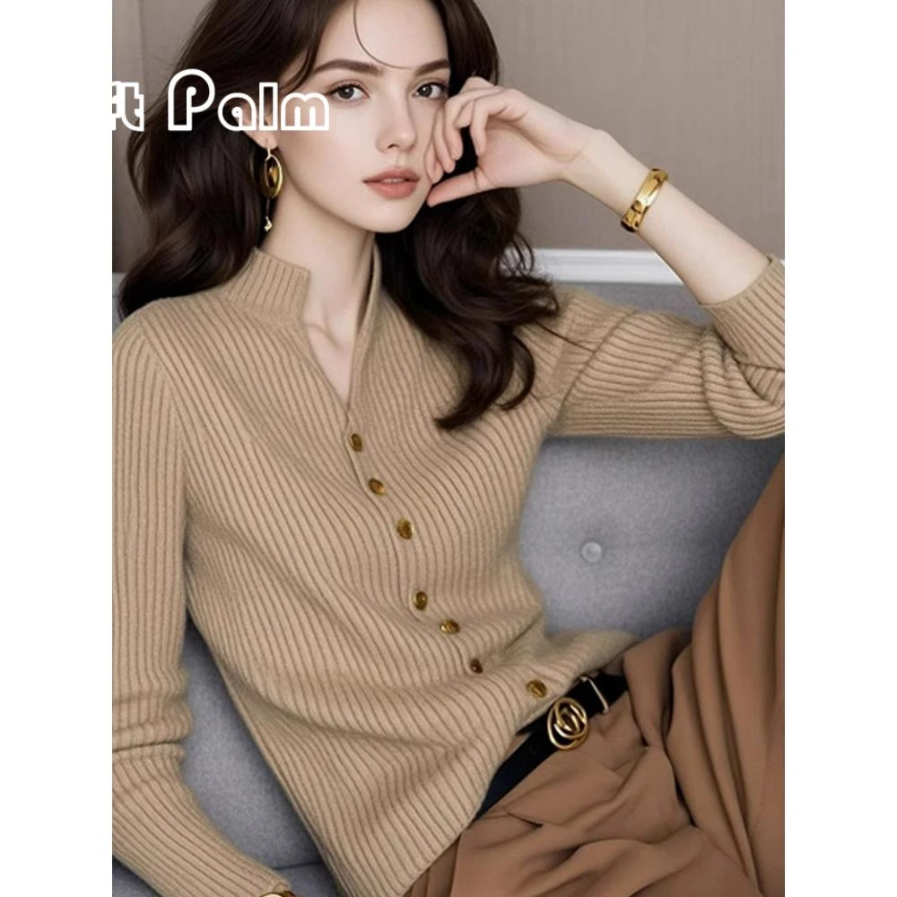 GiftPalm洋气咖色软糯半开领单排扣针织衫小众修身显瘦百搭上衣