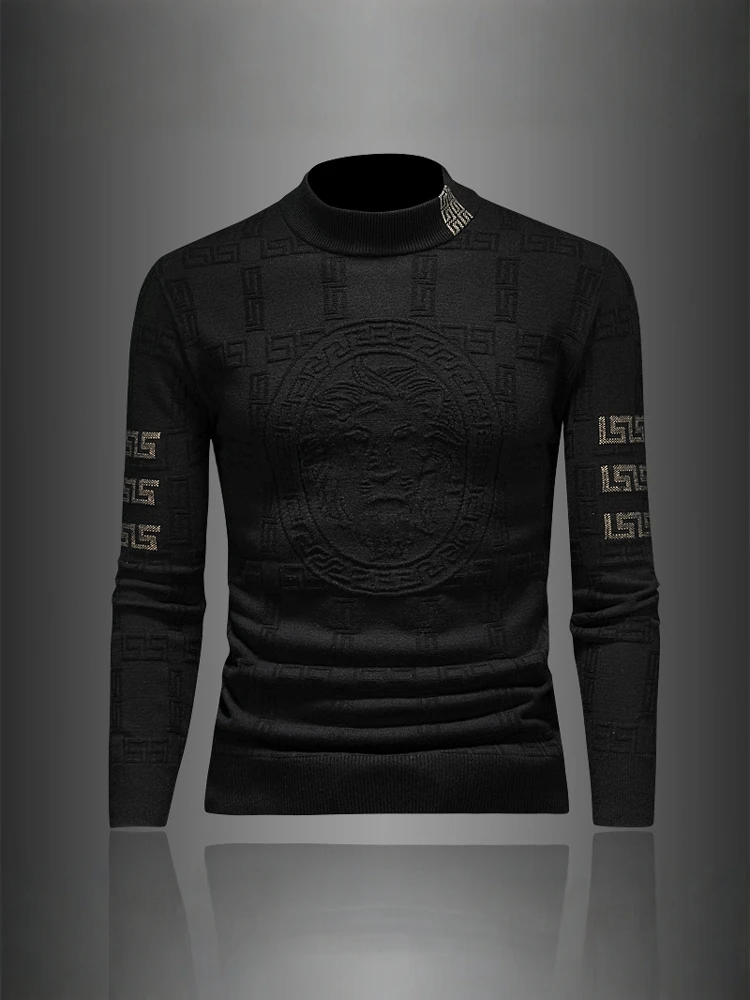 昆加希毕欧洲站半高领加厚羊毛衫男冬季新款提花休闲毛衣内搭打底