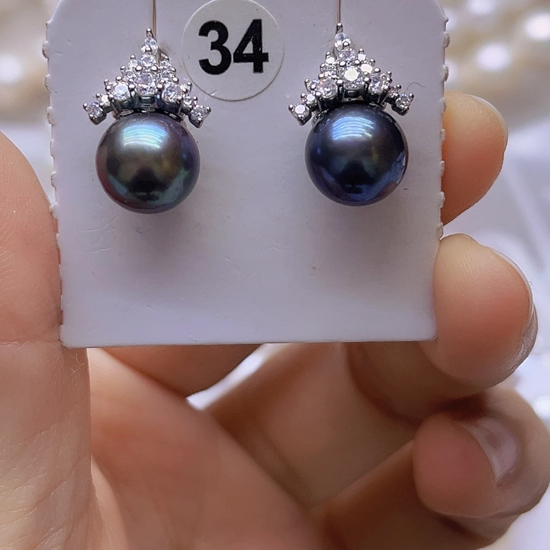 淡水珍珠银S925镶嵌吊坠耳钉