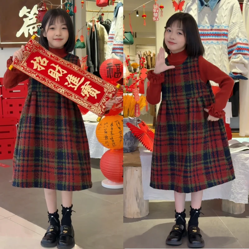 拜年服女童连衣裙冬季24新款大童过年红色公主裙儿童冬季加厚套裙