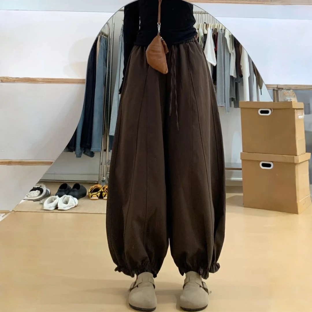 咖色木耳花边九分灯笼裤女秋季新款梨形身材宽松显瘦休闲花苞裤子