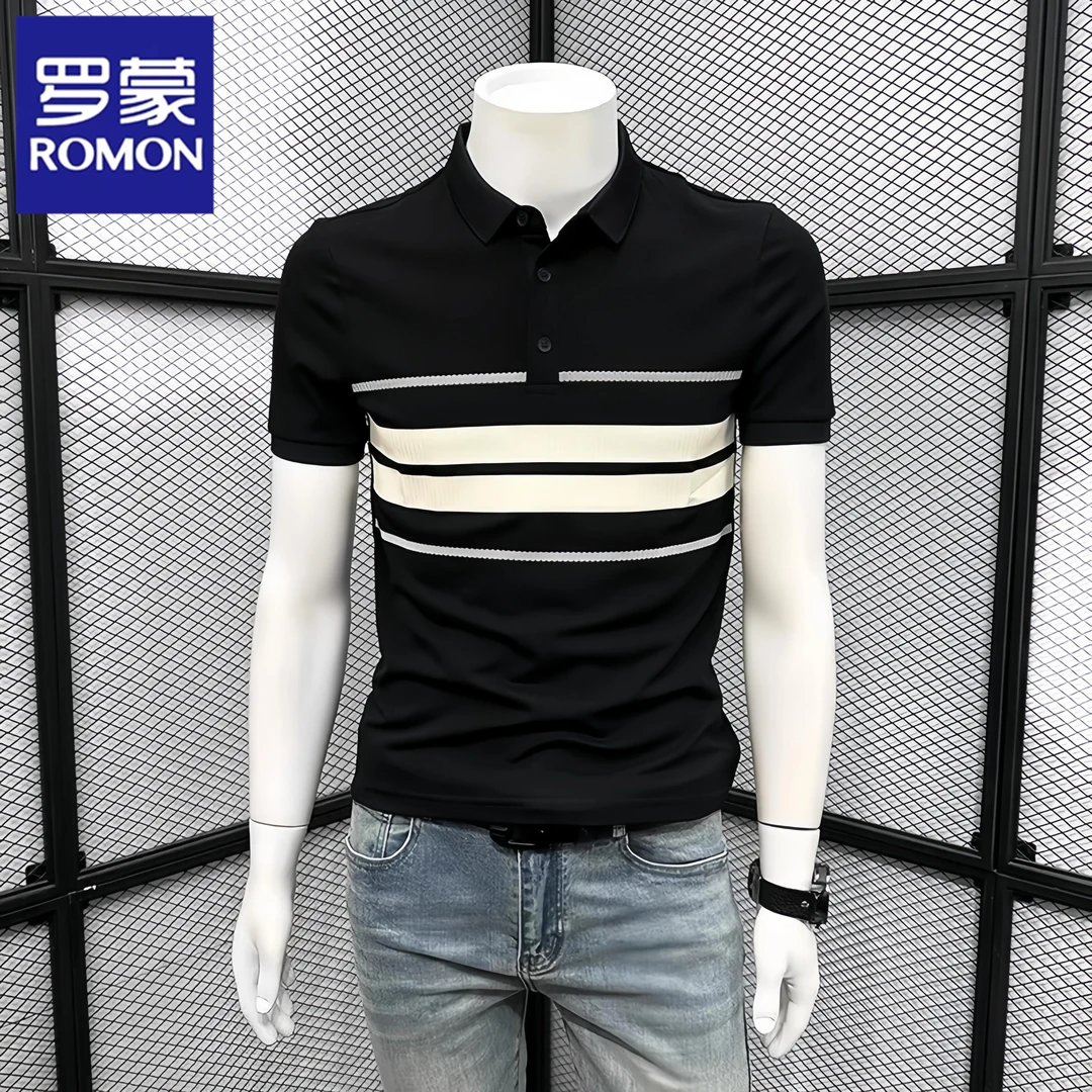 Romon/罗蒙夏季新款条纹短袖Polo衫男士韩版撞色拼接半袖修身T恤
