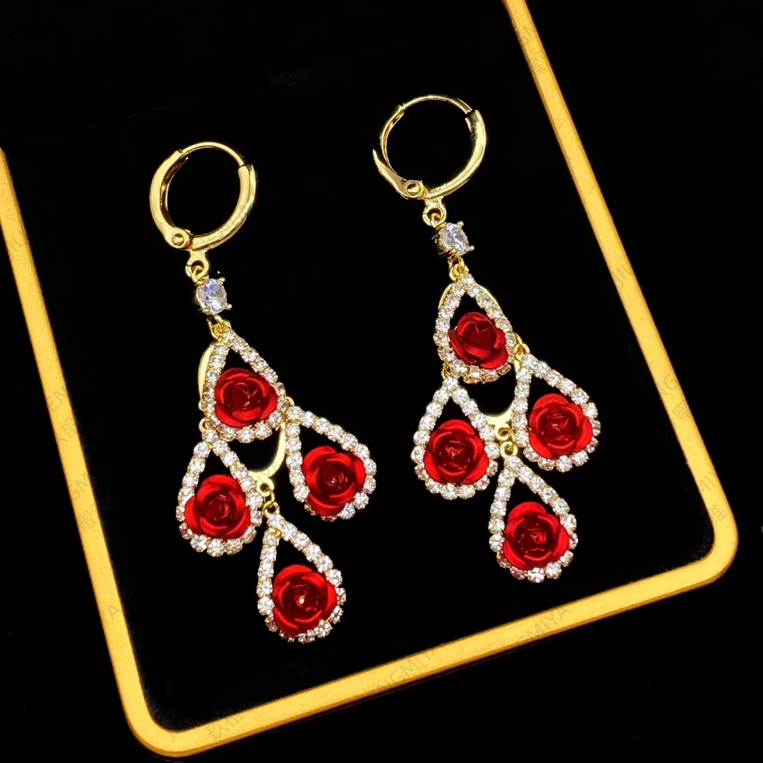 铜合金合成锆石耳饰 玫瑰庄园KL552复古百搭灵动设计感玫瑰耳环
