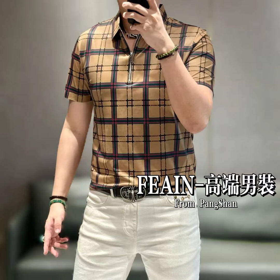 高端男士弹力莱卡半拉链设计经典格纹设计Polo1262