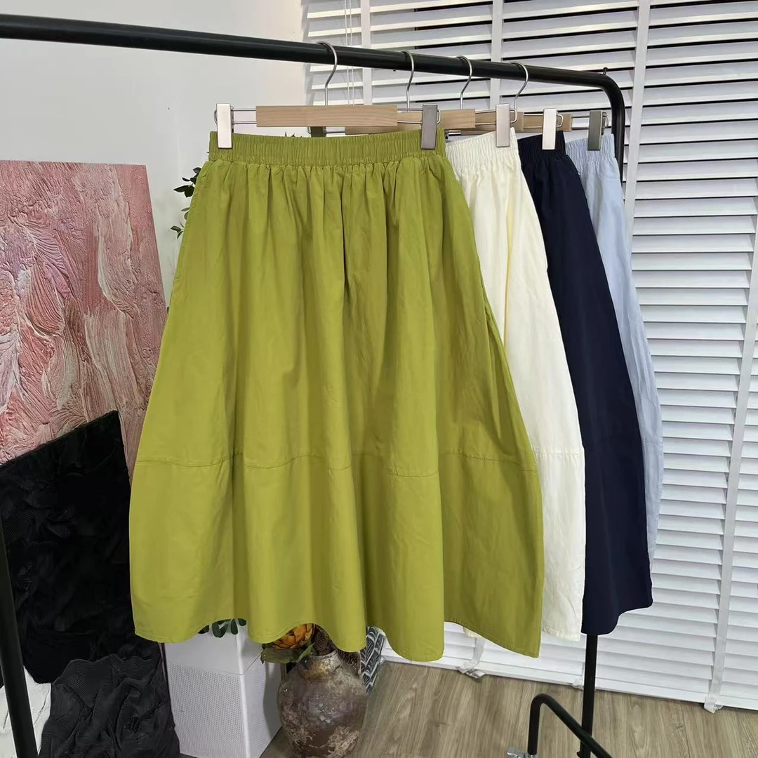 日系夏季松紧腰「薄料双层休闲纯色」花苞半身裙E5536