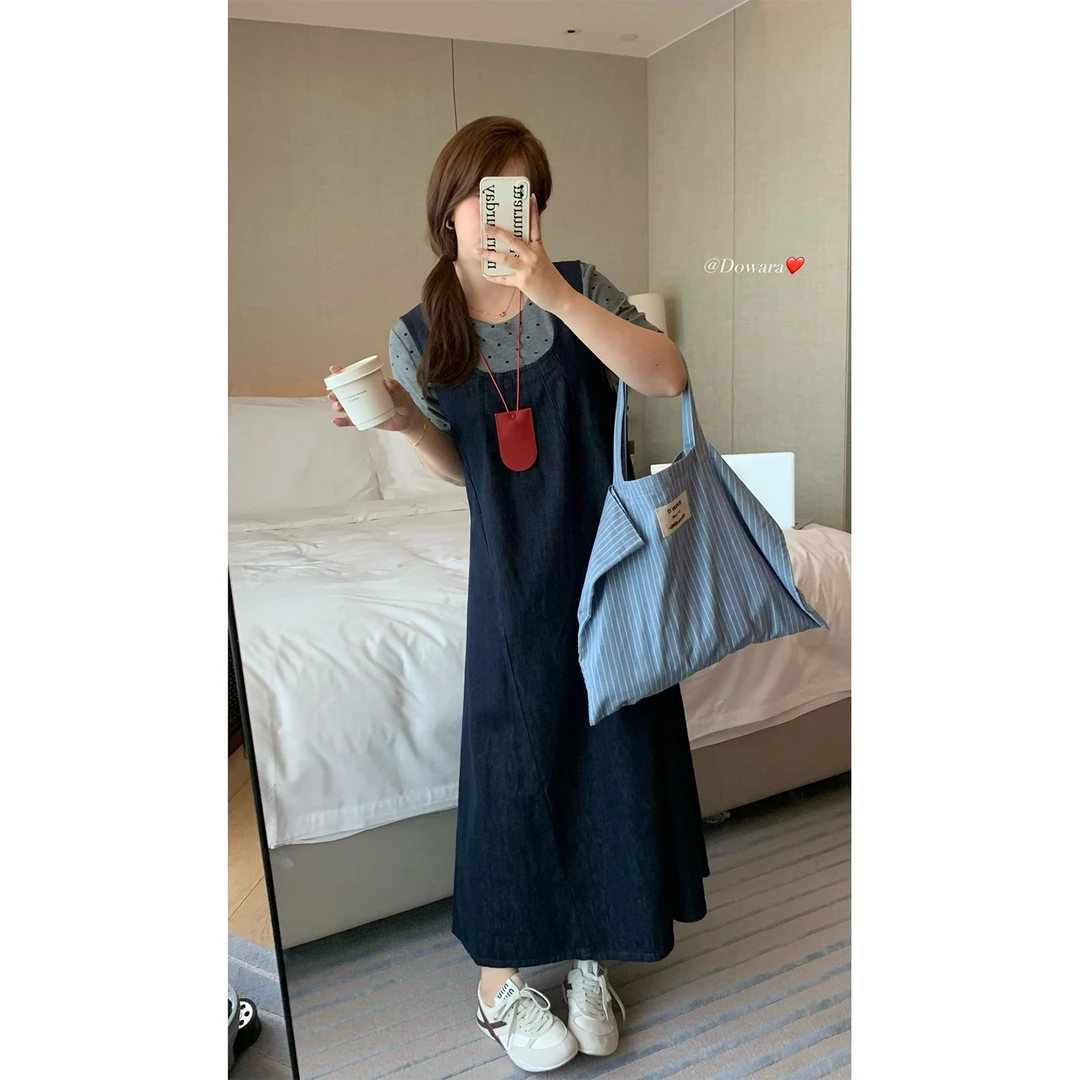现货大婉酱微胖定制韩系背带连衣裙春夏减龄无袖背心裙长裙 6725D