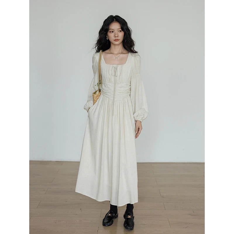 vastand维尚 设计感亚麻方领长袖连衣裙清冷系老钱风气质显瘦长裙