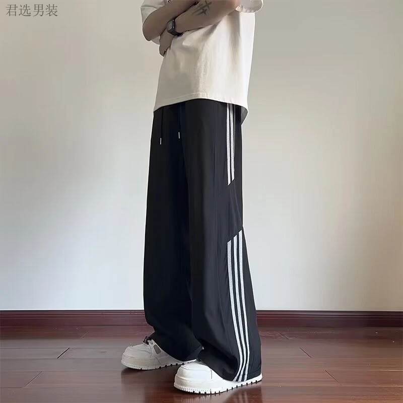 条纹冰丝裤子男款夏季薄款宽松直筒阔腿裤青少年新款休闲长裤