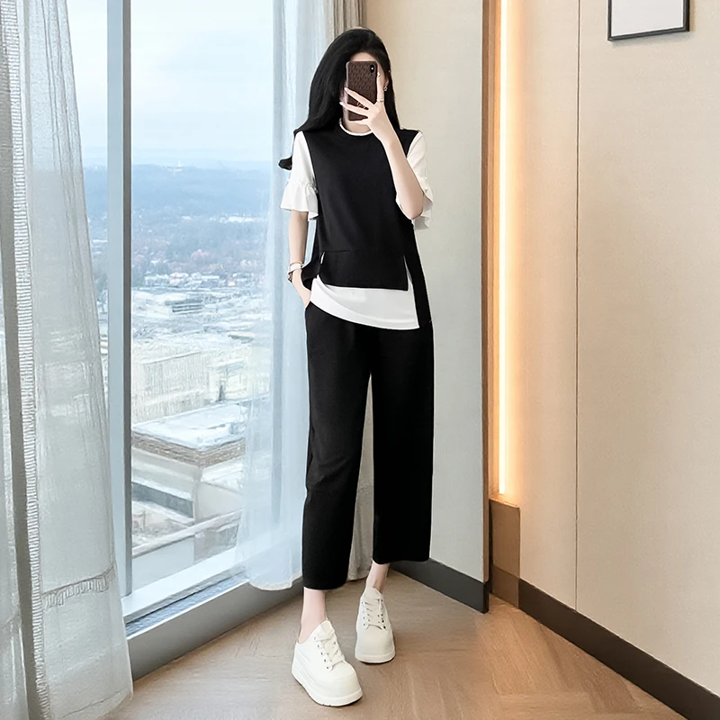 休闲短袖套装女两件套小个子阔腿裤时尚休闲夏季夏装上衣气质显瘦