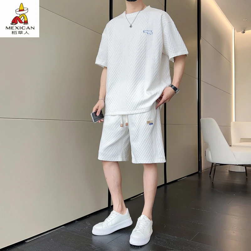 Mexican/稻草人夏季休闲宽松透气短裤短袖套装潮流大码男是短袖套