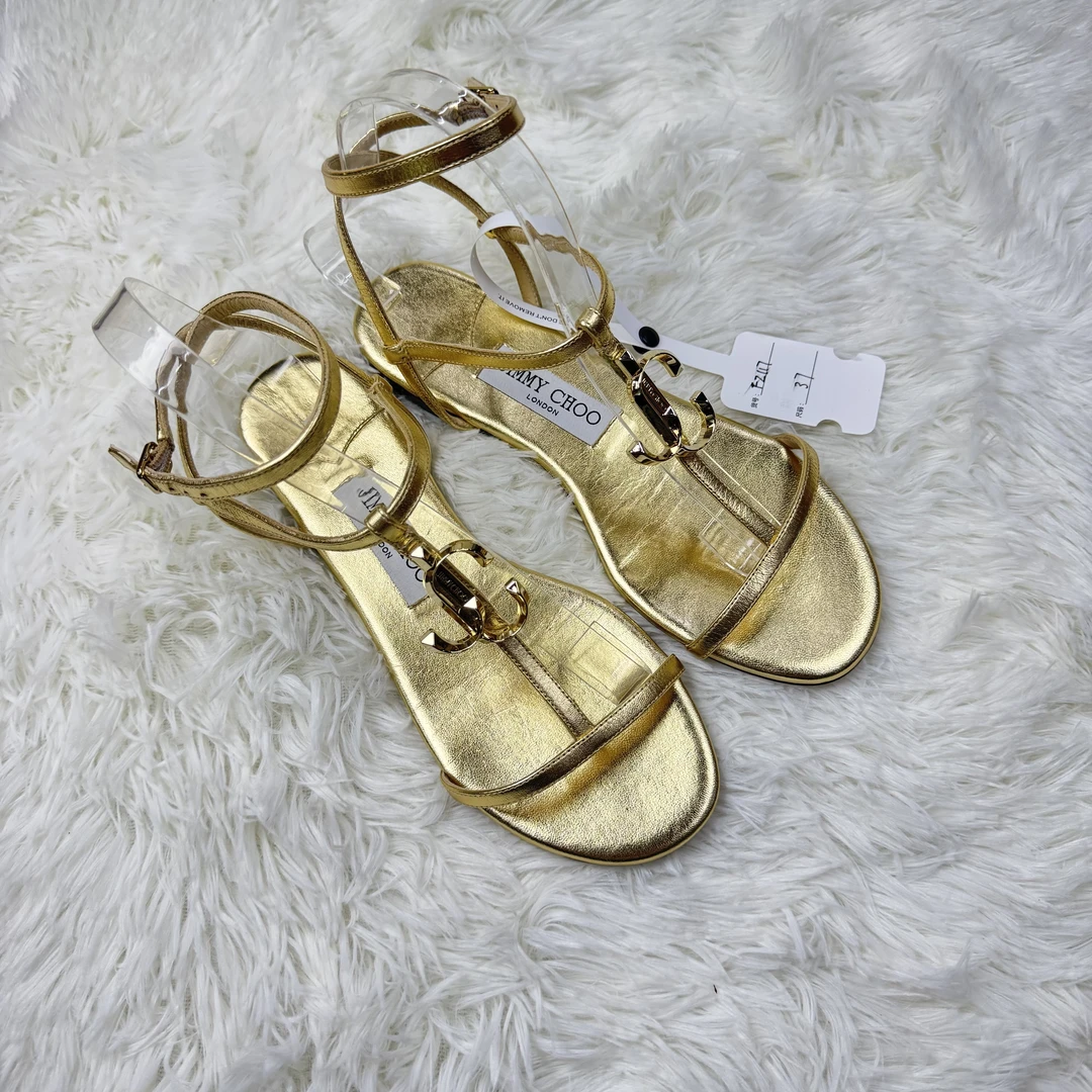 未使用 JIMMY CHOO/吉米周 金色平底凉鞋/37码/FZ117