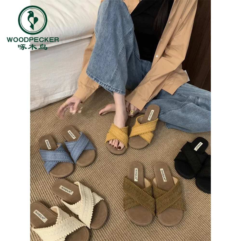 啄木鸟波西米亚编织沙滩一字拖鞋女平底鞋2025年夏软底韩版凉拖鞋