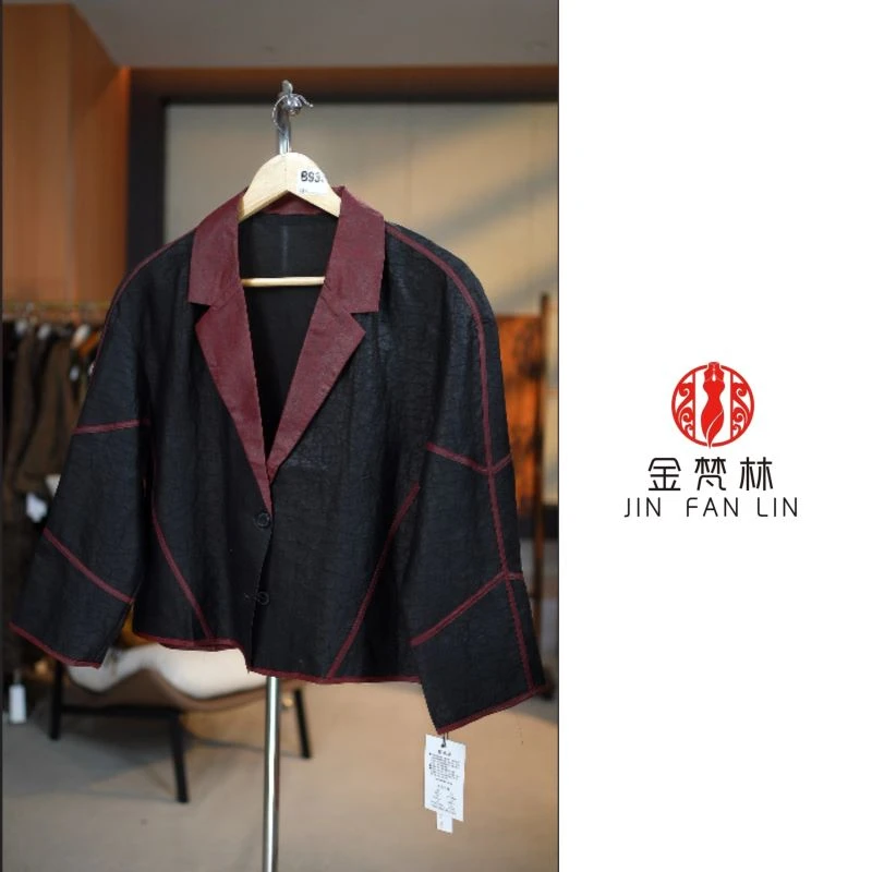 【明月清风】高端香云纱桑蚕丝龟纹西服外套红龟拼接新中式国风翻领