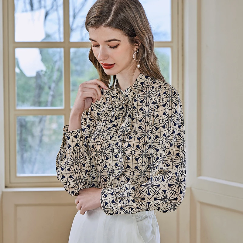 【墨枝】时尚飘带印花百搭桑蚕丝衬衣S9008580