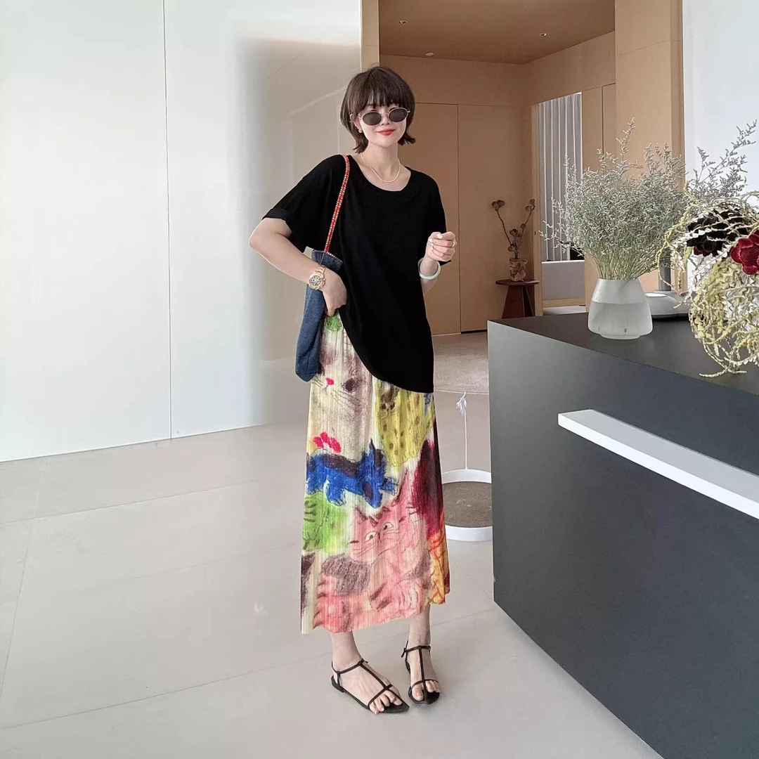 欧货卡通猫咪压褶设计感晕染半身裙女2025夏款小众设计百搭长裙子