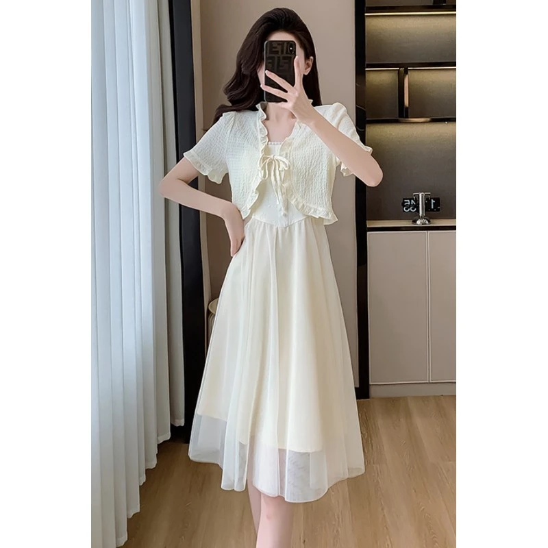 套装2025夏季新款法式女短袖吊带连衣裙两件套+中长款网纱披肩