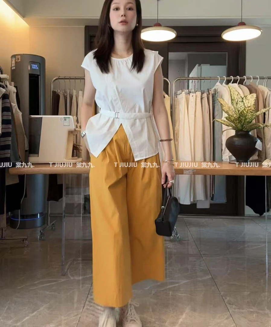 【带腰带】2025年夏季新款拼接直筒宽松高腰显瘦休闲百搭阔腿裤1071