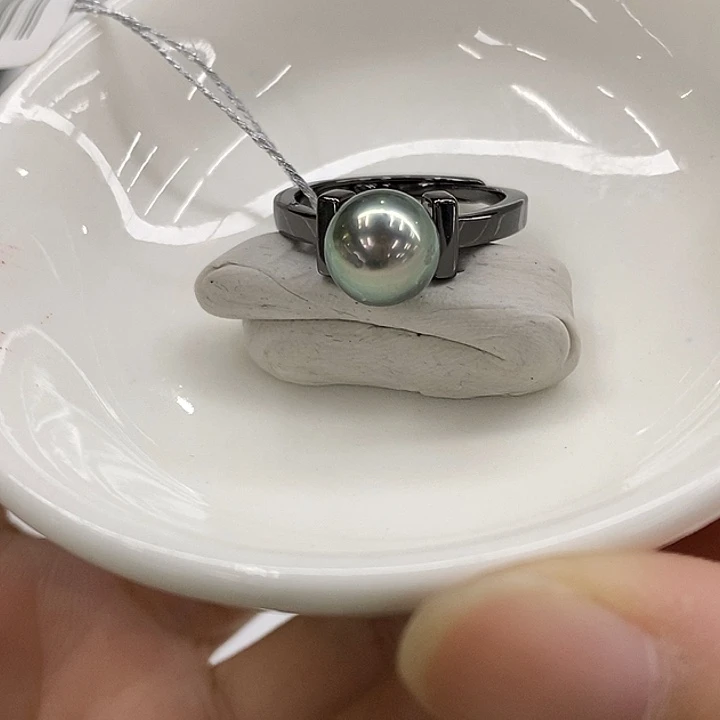 海水珍珠戒圈银S925镶嵌大溪地8-9mm