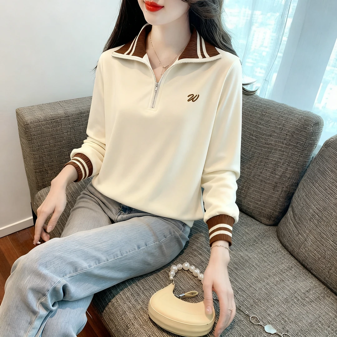 假两件半拉链Polo翻领卫衣女士春秋薄款打底小衫休闲宽松小众上衣