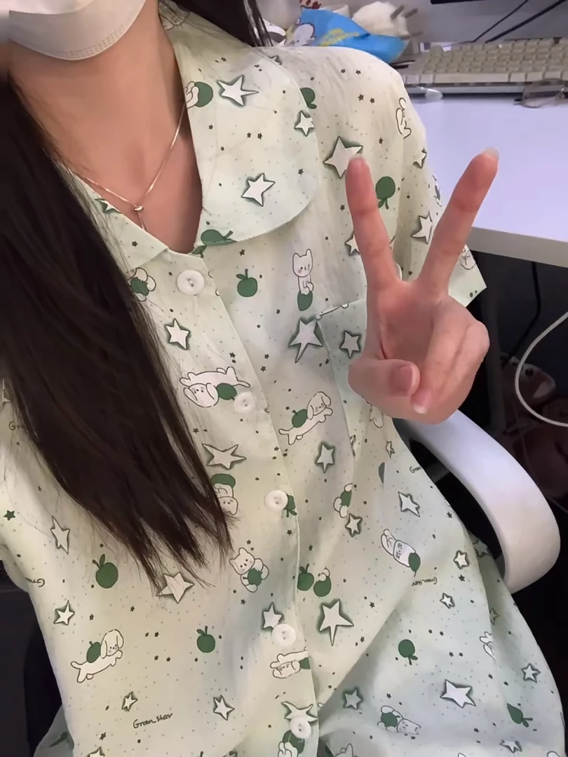 奶盐BM风卡通少女可爱青苹果小猫睡衣女夏季短袖短裤少女学生套装