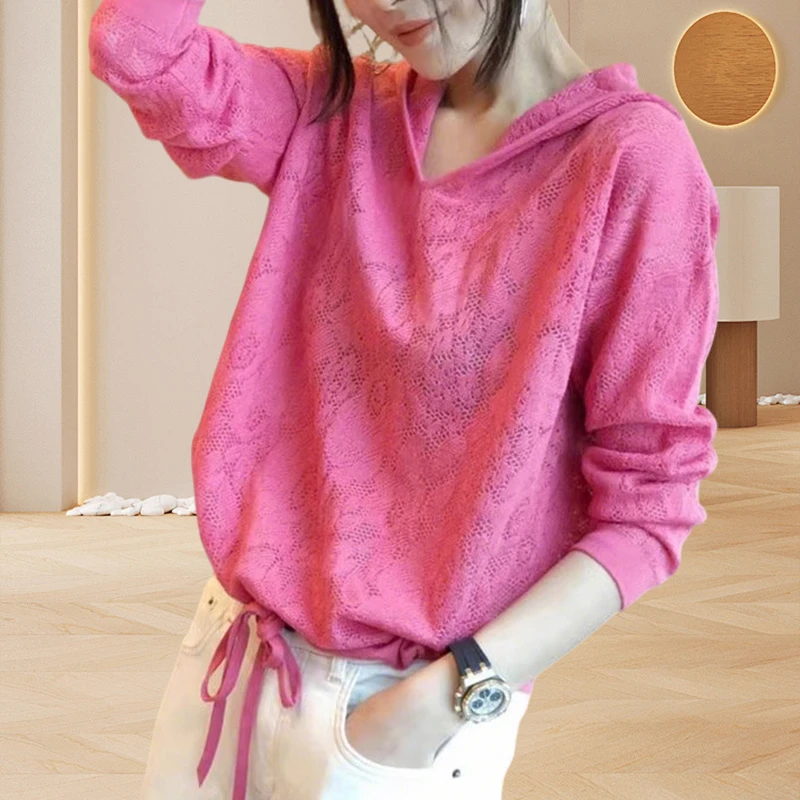 韩版百搭镂空蕾丝针织衫新款洋气休闲百搭女装宽松长袖连帽卫衣女