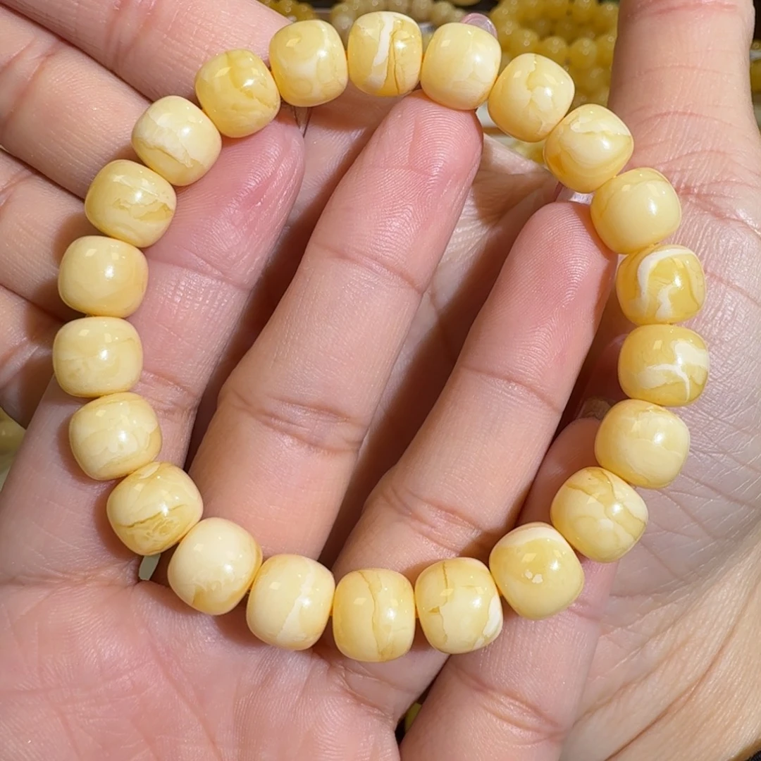 柚***锅琥珀未镶嵌珠宝奇石10m焦皮同料老型花蜡手串13.5