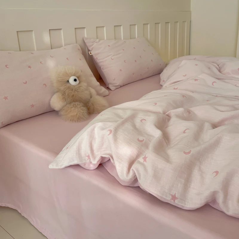 A类母婴级全棉双层皱皱纱色织提花少女心四件套纯棉被套床单床品