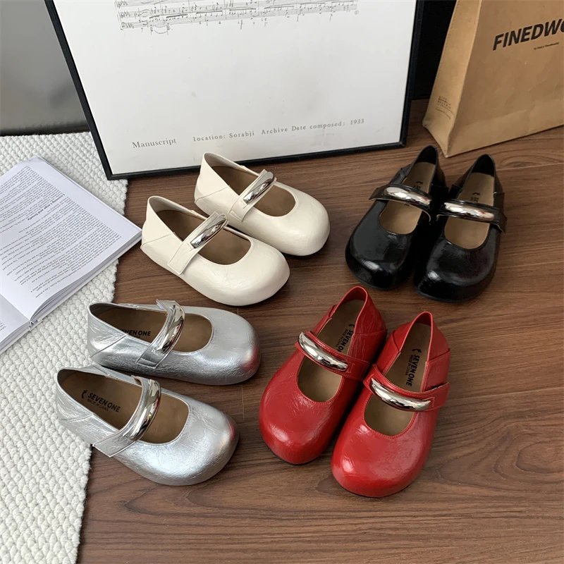 2025春款时尚百搭珍珠一字带玛丽珍鞋晚晚风粉色勃肯鞋圆头单鞋女