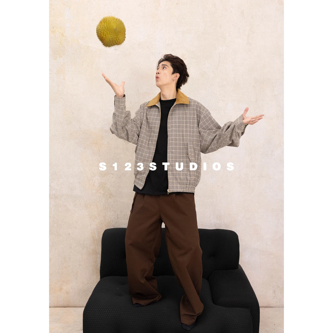 2025早秋新品 灯芯绒领撞色格纹短款夹克外套男宽松复古上衣8180