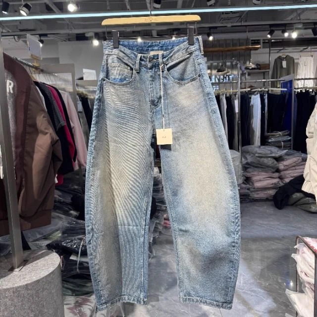 2025新款美式复古水洗做旧牛仔裤男宽松直筒阔腿拖地长裤子潮牌