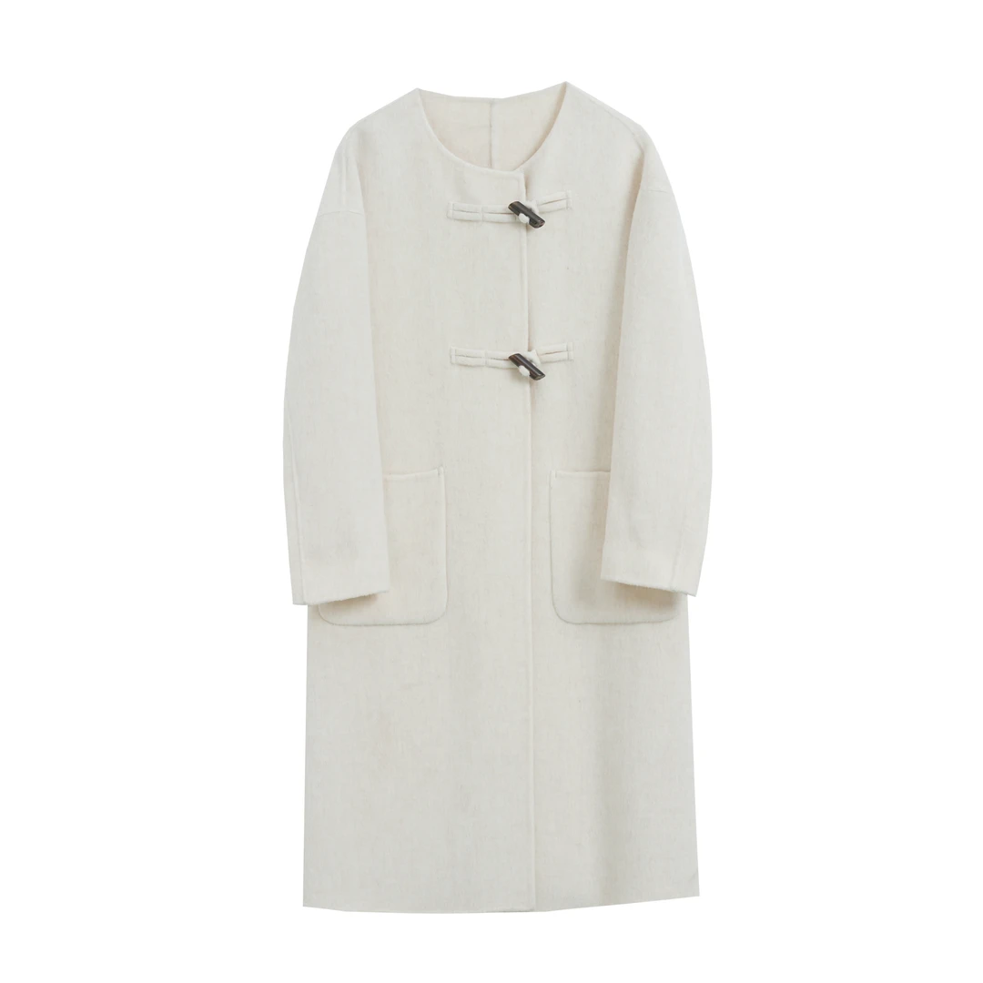 春款双面外套牛角扣兔毛桑蚕丝羊毛外套宽松长款高端时尚大衣新