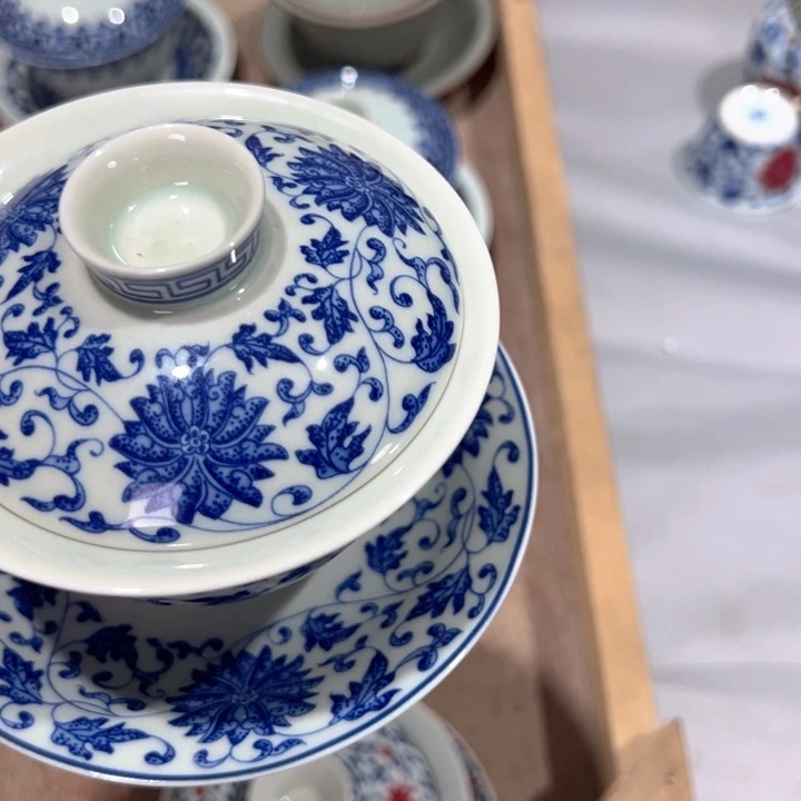 瓷片白青花缠枝莲元宝盖碗全品