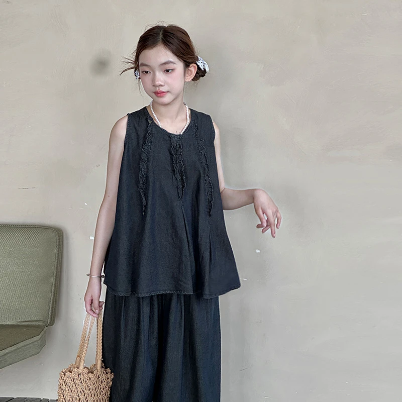 【法式浪漫】醒妈家2025夏装新品女童中大童法式复古牛仔套装