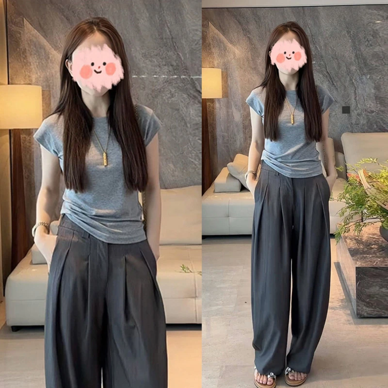 设计感纯色T恤裤子套装2025夏季新款韩系时尚慵懒松弛小众两件套
