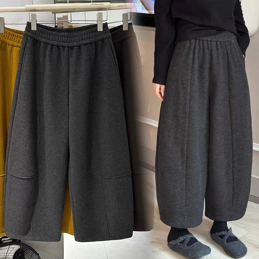 韩系2025冬加绒羊毛呢气球阔腿裤女垂感显瘦小个子九分羊绒休闲裤
