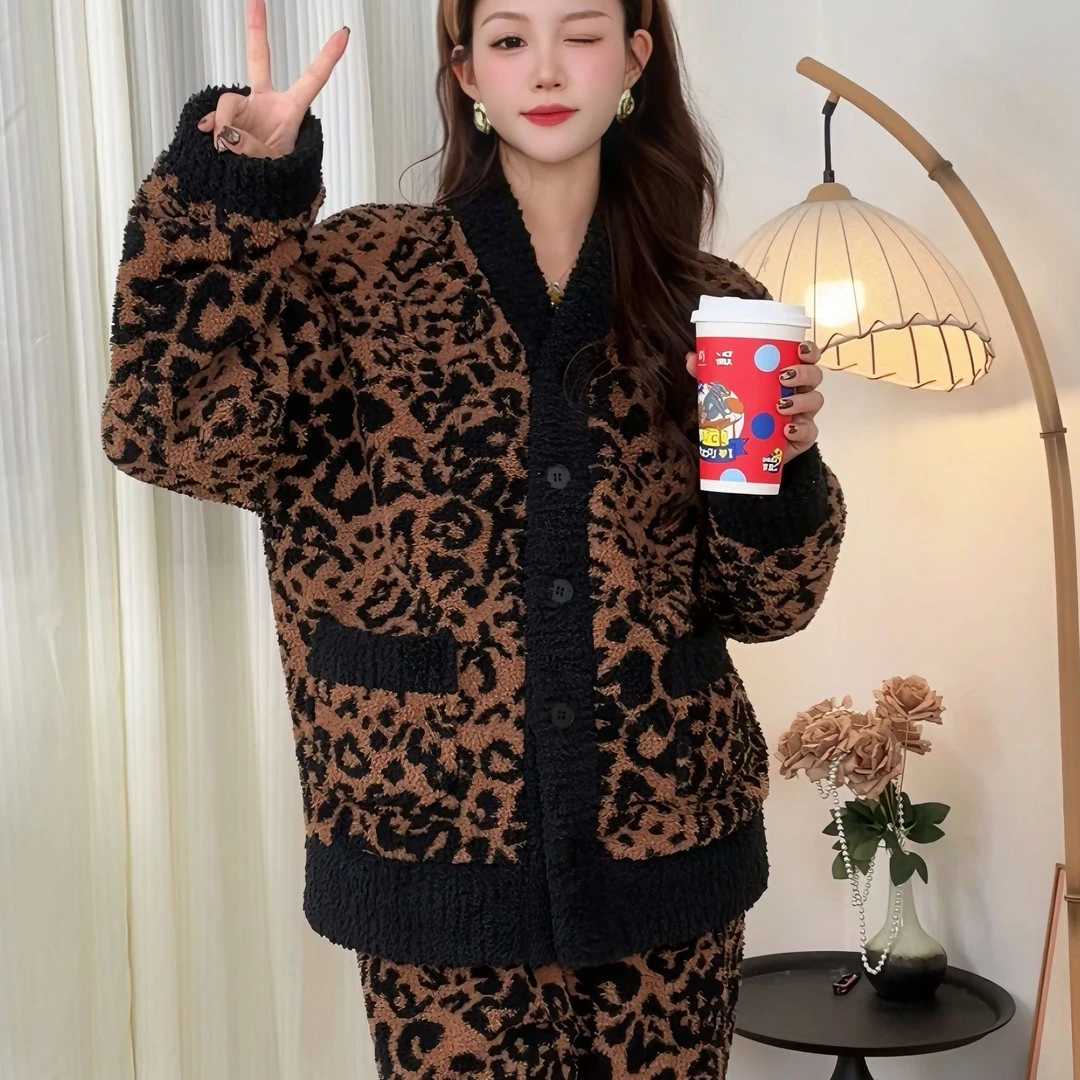 专柜正版清货价！豹纹绒睡衣女士秋冬天加绒家居服保暖套装宽松