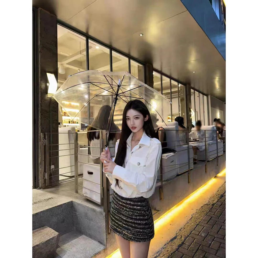 老钱风松弛感长袖休闲白衬衫性感闪亮包臀裙2025初秋时尚套装