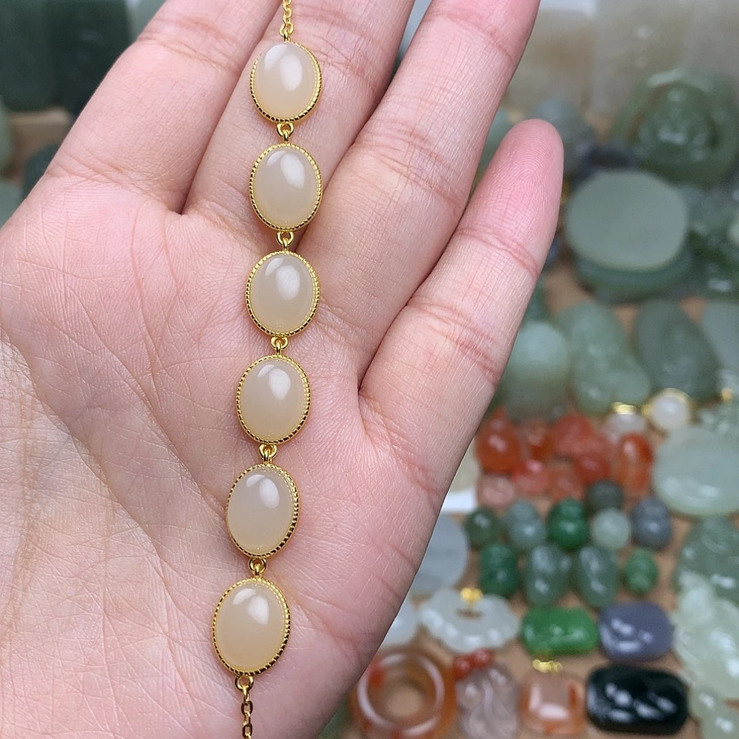 和田玉手链银S925镀金镶嵌