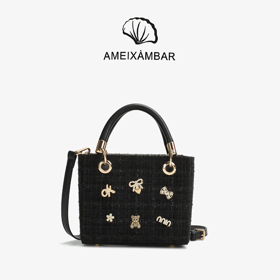 爱美巴【新款】轻奢小香风时尚黑色百搭高级手提戴妃包绣线盒子包